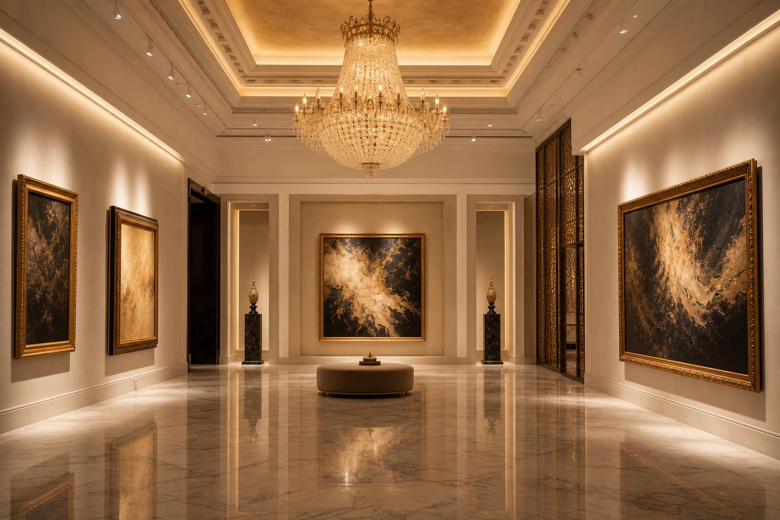 Athar gallery interior with paintings on warm cream walls